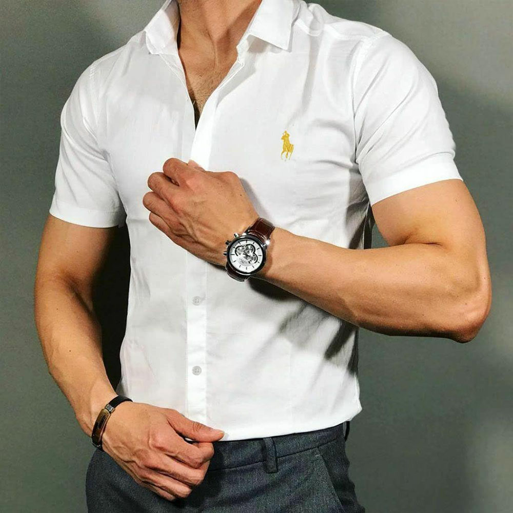 پیراهن مردانه ساده آستین کوتاه رنگ سفید مارک پولو POLO