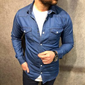 پیراهن جین مردانه مدل دوجیب رنگ آبی پررنگ