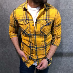 پیراهن چهارخانه H&M مدل دوجیب رنگ زرد کد208