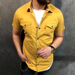 پیراهن کتان دوجیب رنگ زرد آستین کوتاه سنگشور