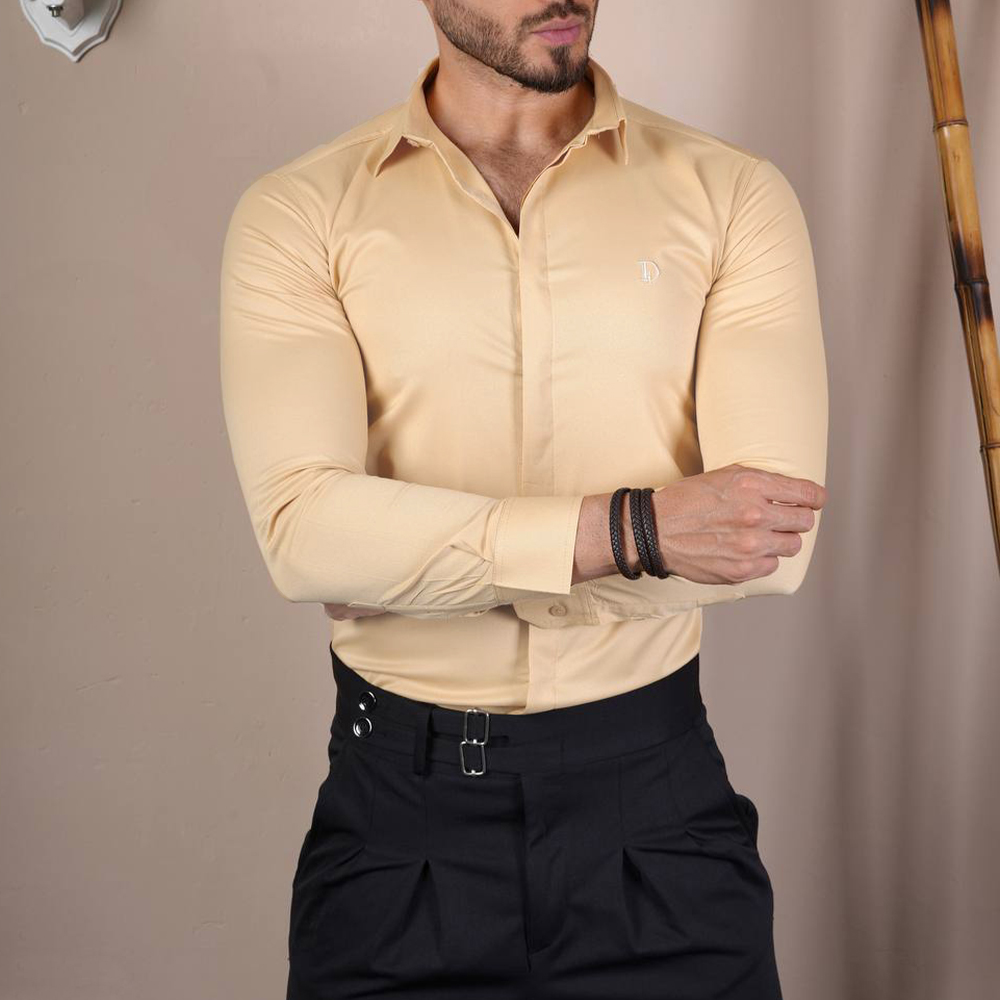 پیراهن ساده مردانه رنگ کرمی دکمه مخفی