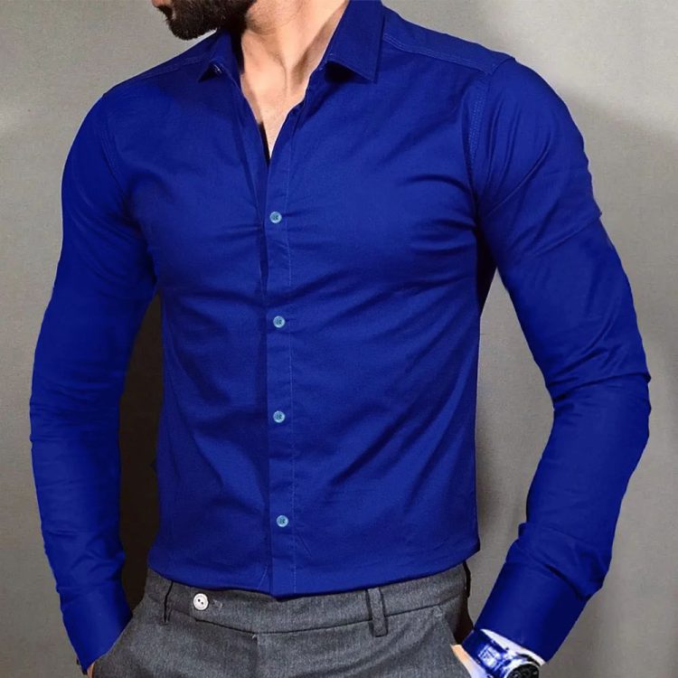 پیراهن ساده مردانه آستین بلند رنگ آبی کاربنی
