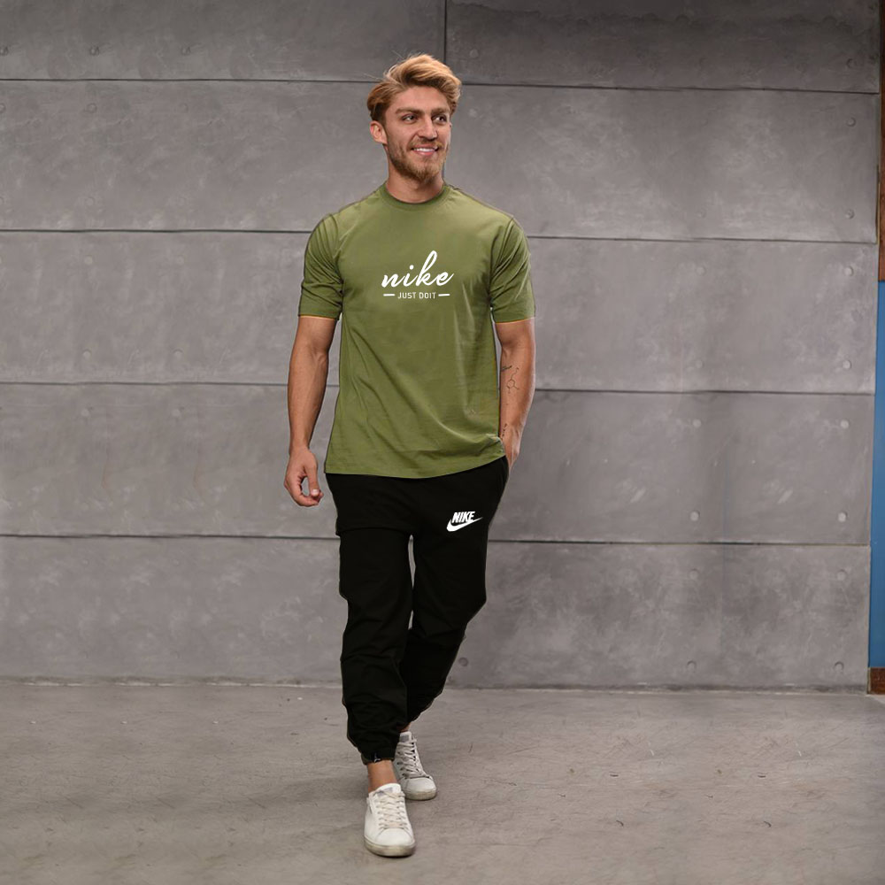 ست تیشرت و شلوار مردانه اسپرت ورزشی مارک نایک NIKE جدید سبز مشکی